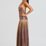 Pleated Halter Maxi Dress with Thigh Slit