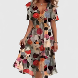 A-Line Floral Wrap Midi Dress with Ruffle Sleeves