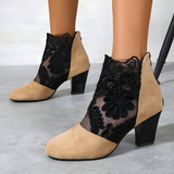 Floral Lace Mesh Ankle Boots with Block Heel