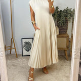 Pleated Maxi Dress with Crew Neck and Cap Sleeves