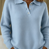 Half Button Polo Collar Sweater with Ribbed Hem
