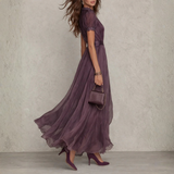 Lace Trim Chiffon Maxi Dress with High Neck and Puff Sleeves
