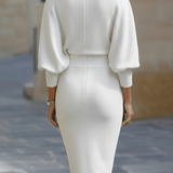 Ribbed Knit Midi Dress with Cowl Neck and Batwing Sleeves
