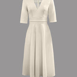 V-Neck Midi Dress with Flared Skirt and Three-Quarter Sleeve