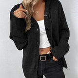 Hooded Button-Front Knit Cardigan with Drawstring