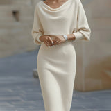 Bodycon Midi Dress with Cowl Neck and Batwing Sleeve