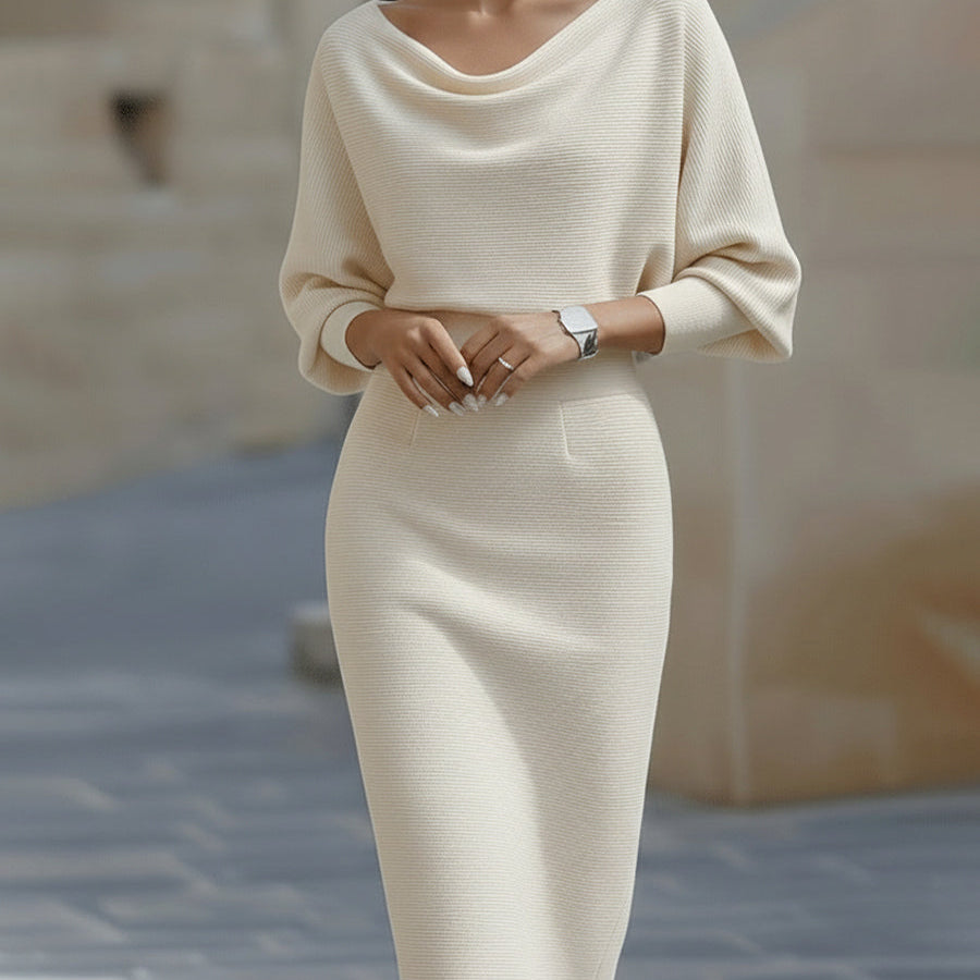 Bodycon Midi Dress with Cowl Neck and Batwing Sleeve