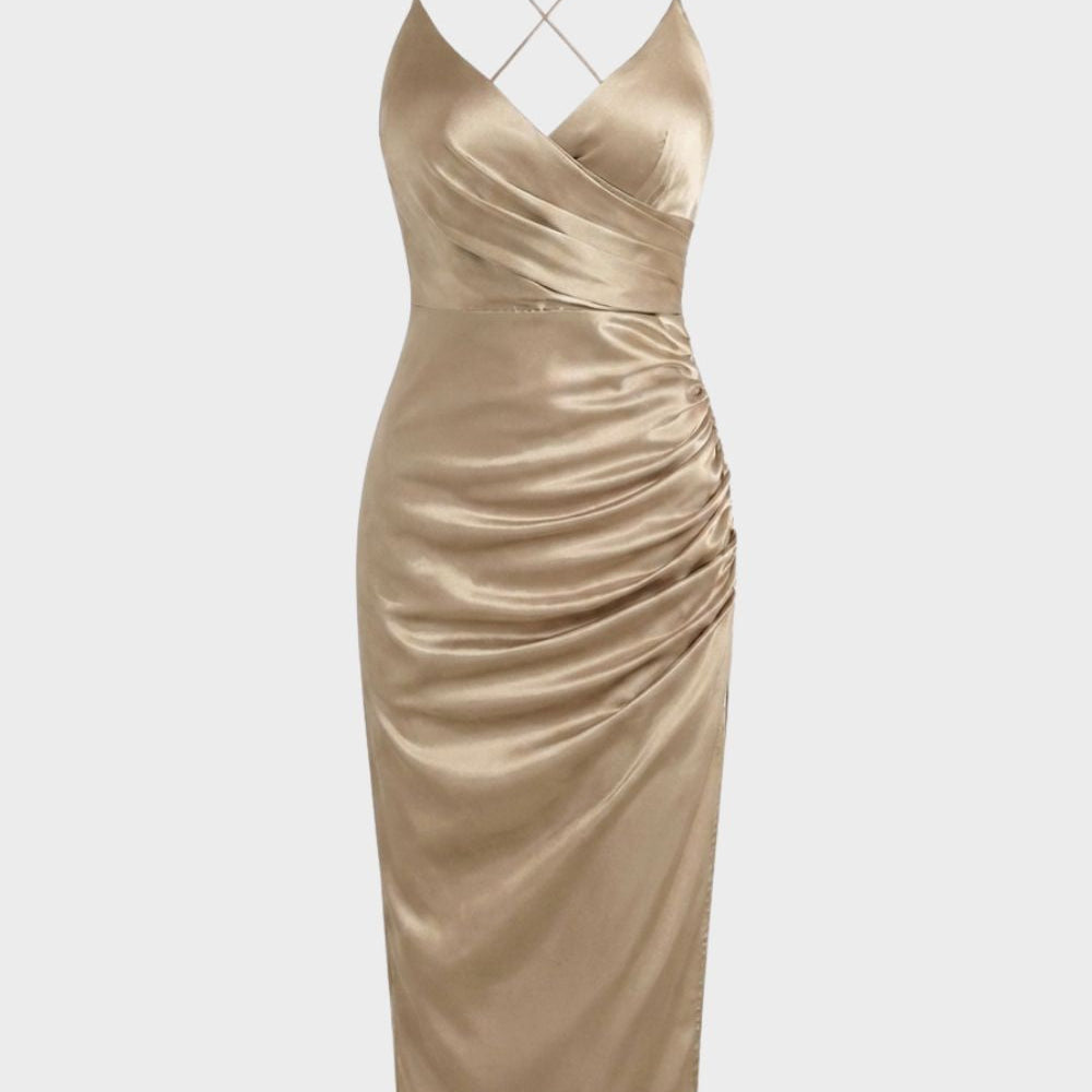 Ruched Satin Midi Dress with Wrap V-Neck and Spaghetti Straps