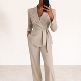 Wrap Blazer and Wide-Leg Pants Suit Set with Tie Waist
