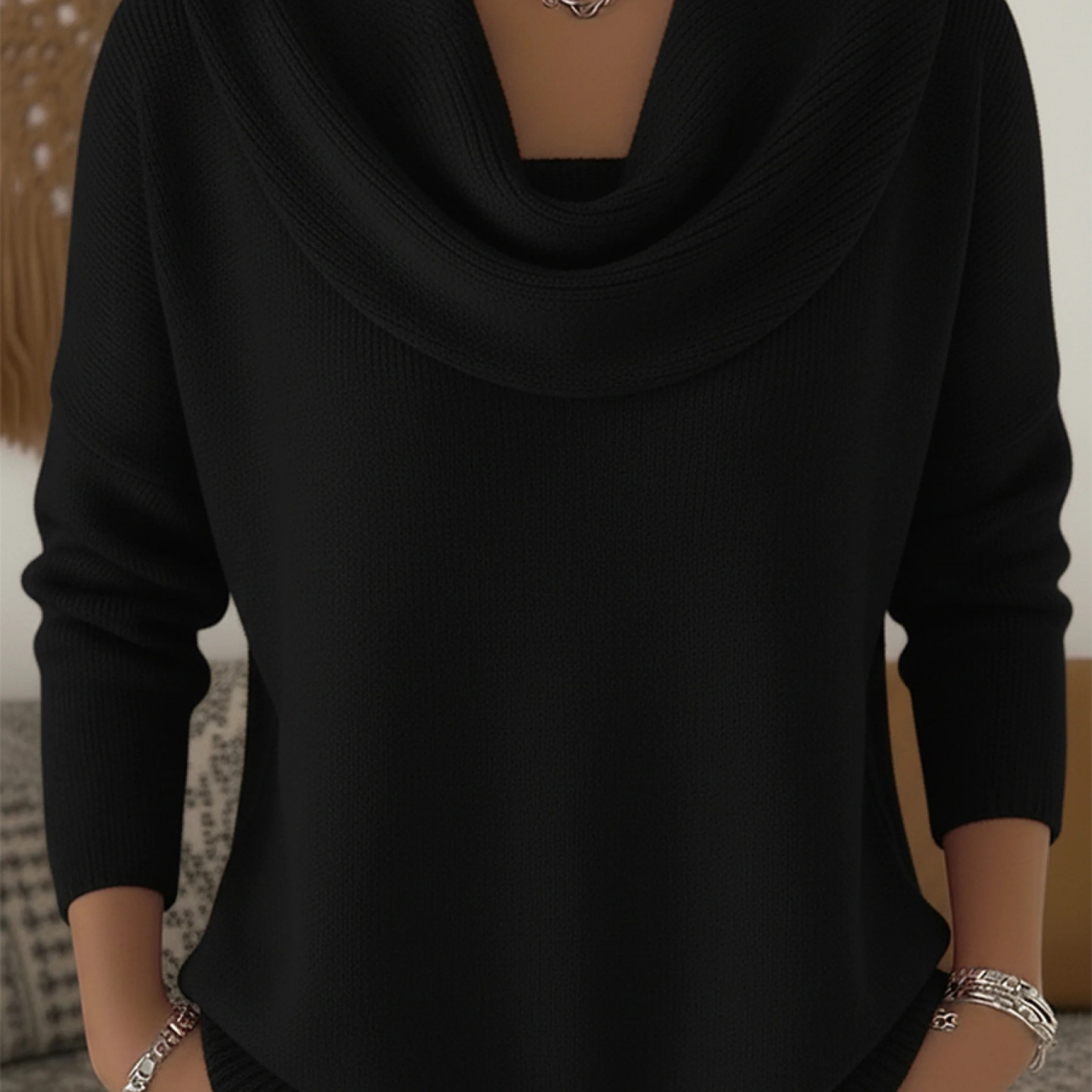 Ribbed Cowl Neck Long-Sleeve Sweater