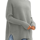 Oversized Turtleneck Knit Sweater for Women – Ribbed Long Sleeve Pullover with Side Slits for Casual Wear