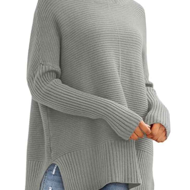 Oversized Turtleneck Knit Sweater for Women – Ribbed Long Sleeve Pullover with Side Slits for Casual Wear