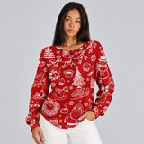 Women's Christmas Sweater with Festive Print and Henley Neckline