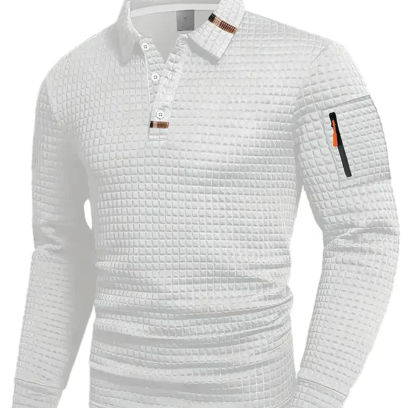 Textured Polo Sweater with Half Button and Zip Pocket