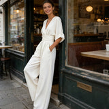 Wide-Leg Jumpsuit with Ruched Waist and Dolman Sleeve