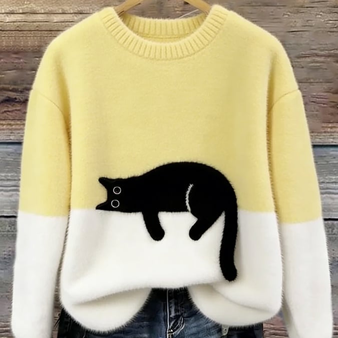 Cat Color block Oversized Fuzzy Knit Sweater