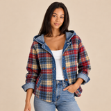 Women's Plaid Hooded Jacket with Button Front and Denim Look Trim