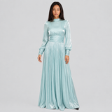 Pleated Maxi Dress with Mock Neck and Ruched Waist