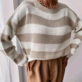 Oversized Chunky Knit Striped Sweater with Round Neck