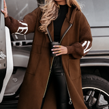 Hooded Long Coat with Knit Sleeves and Patch Pockets