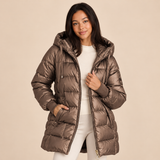 Women's Long Puffer Jacket with Quilted Design and Hood for Winter