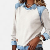 Denim Collar Knit Sweatshirt with Crew Neck