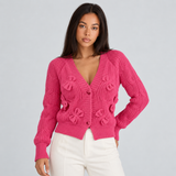 Bow Applique Cardigan with V-Neck and Button Front