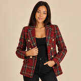 Women's Double Breasted Plaid Blazer with Textured Finish and Notched Lapels