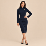 Women's Formal Midi Dress with Asymmetric High Neck and Tailored Waist