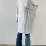 Long Ribbed Knit Cardigan with Open Front and Patch Pockets