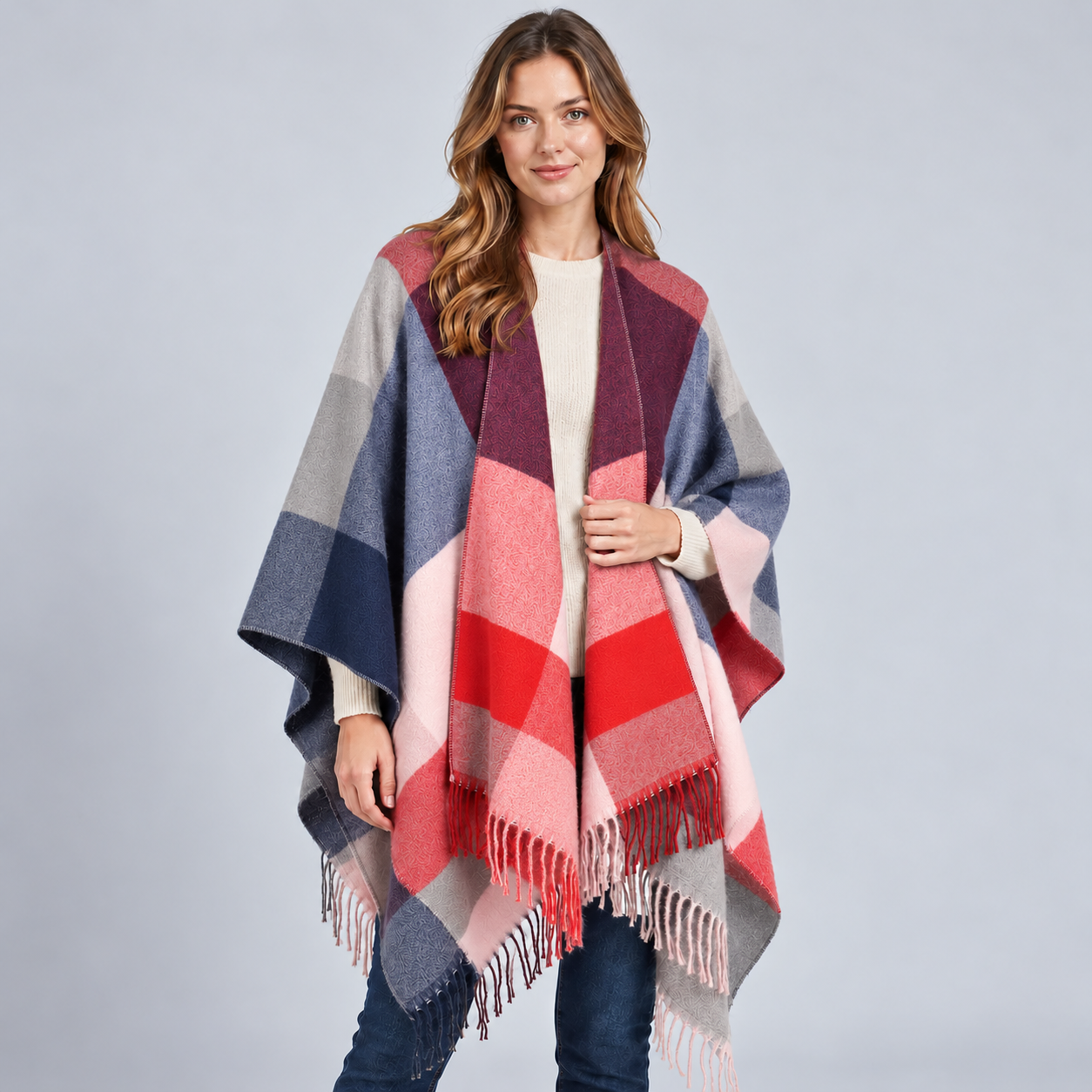 Color Block Poncho Cape with Fringe Hem