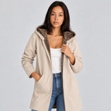 Faux Fur Lined Hooded Jacket with Zip Front and Patch Pockets
