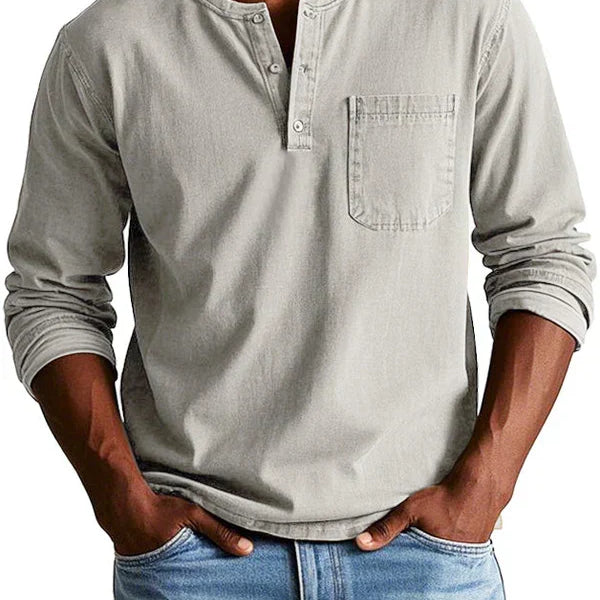 Men's Long Sleeve Button-Neck Shirt with Chest Pocket