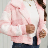 Cropped Plaid Fleece Jacket with Button Front
