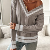 V-Neck Sweater with Cable Knit and Striped Trim