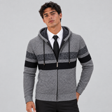 Zip-Front Knit Hoodie with Contrast Stripe and Drawstring