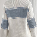 Two Tone Ribbed Knit Sweater with Balloon Sleeves and Ribbed Cuff