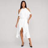 Halter Midi Dress with Cape Sleeve and Wrap Skirt
