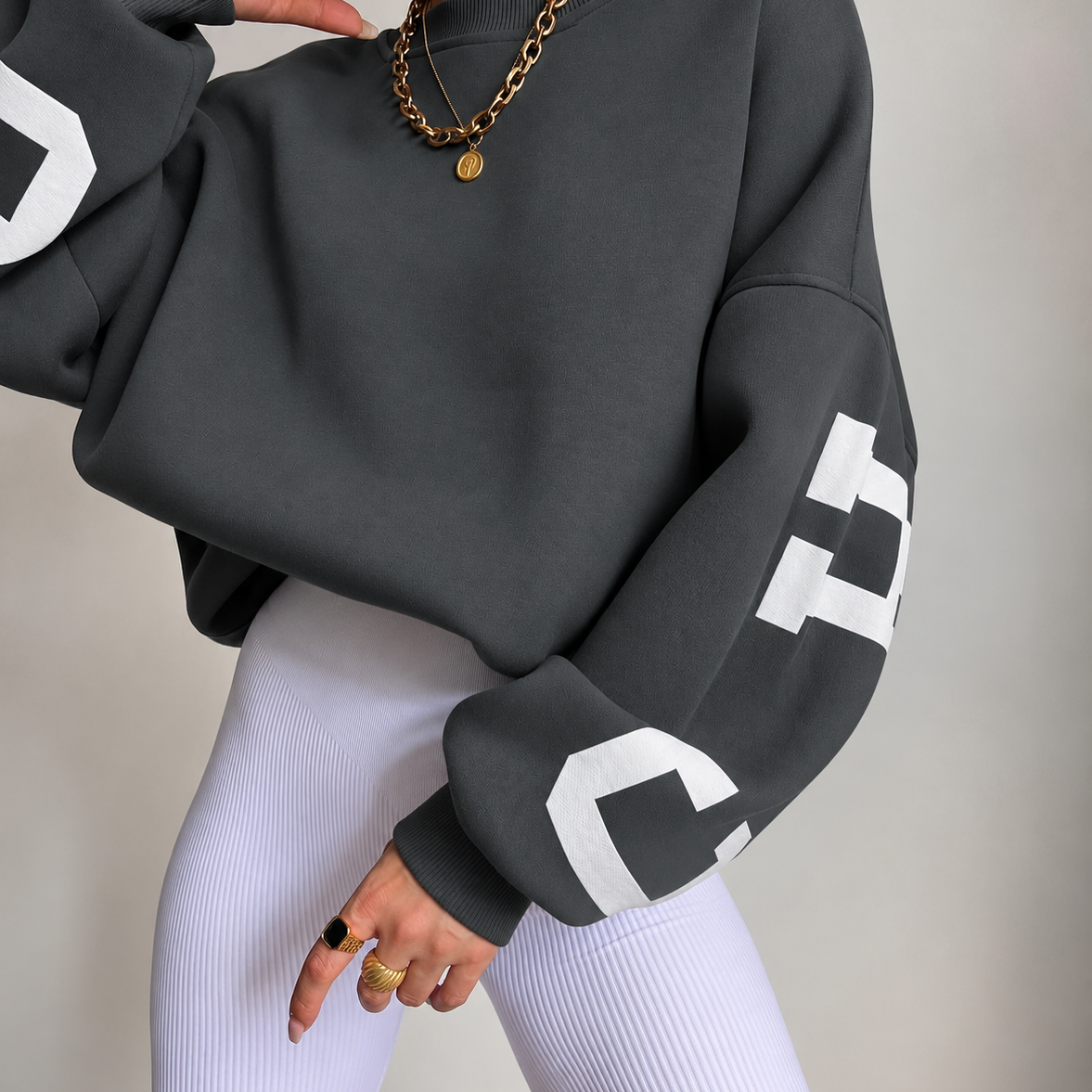 Oversized Sweater with Graphic Letter Print and Ribbed Trim