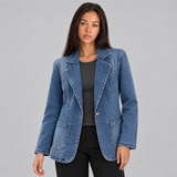Denim Blazer with Button Front and Patch Pockets