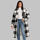 Long Plaid Sherpa Coat with Button-Front and Flap Pockets