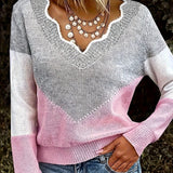 Color Block Knit Sweater with V-Neck and Ribbed Trim