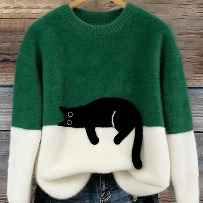 Cat Color block Oversized Fuzzy Knit Sweater