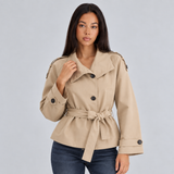 Belted Trench Jacket with Wide Collar and Button-Front