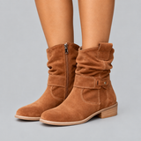 Suede Slouch Boots with Buckle Strap and Low Heel