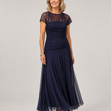 Ruched Maxi Dress with Sheer Sleeves and Flared Skirt