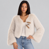 Cropped Faux Fur Jacket with Buckle Strap and V-Neck