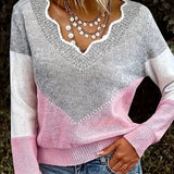 Color Block Knit Sweater with V-Neck and Ribbed Trim