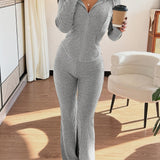 Fitted Ribbed Zip Up Top and Flared Pants Set