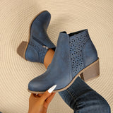 Laser Cut Ankle Boots with Side Zipper and Block Heel